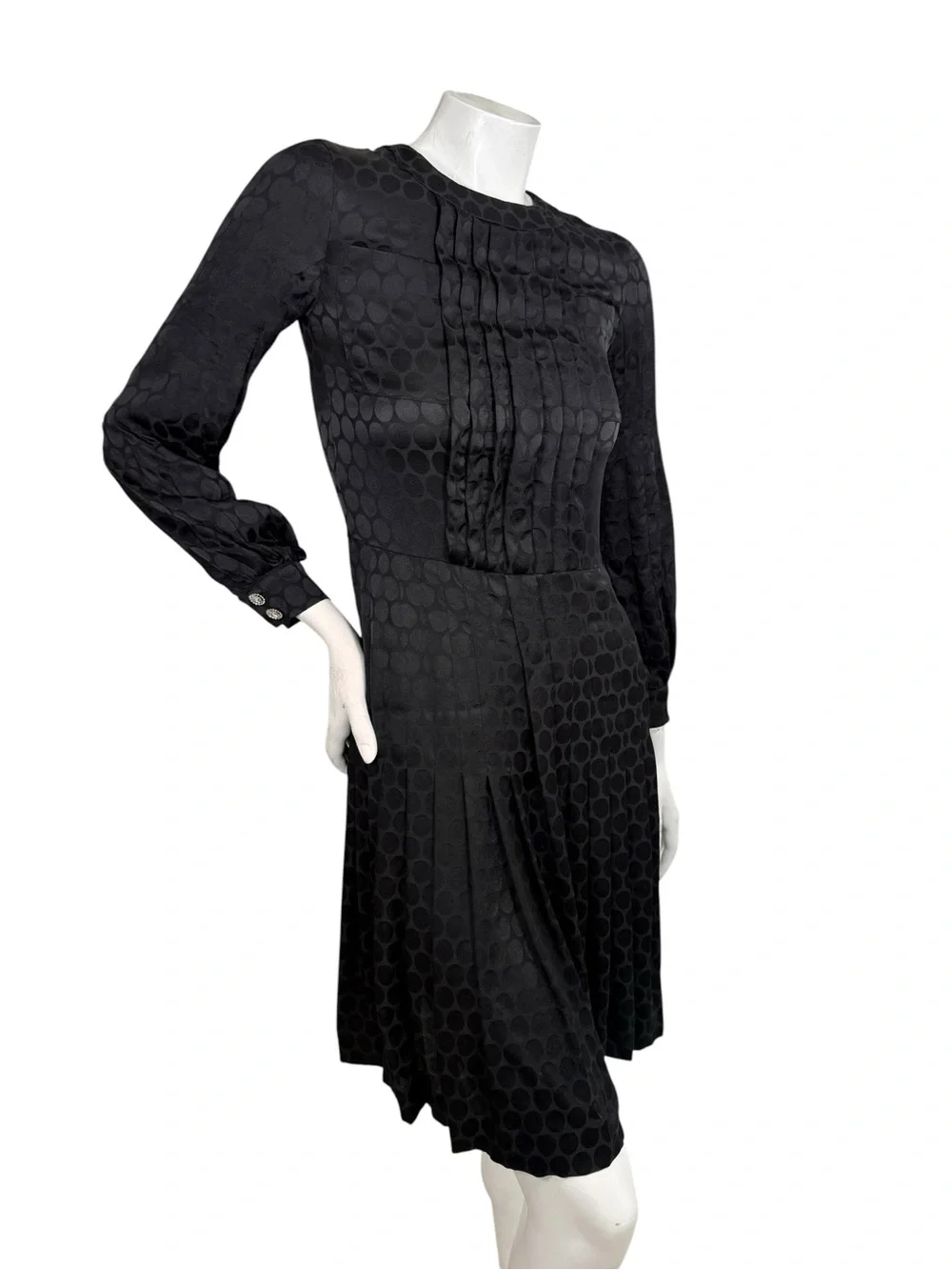 CHANEL 2017 Black Silk Jacquard Pleated Dress Lion Buttons FR 34